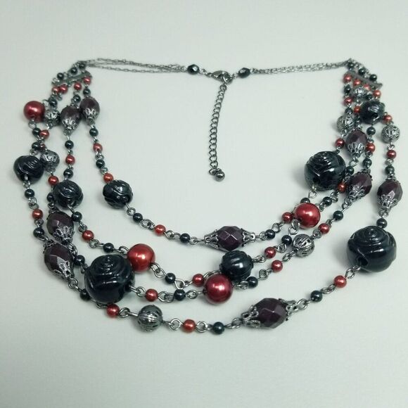 Vintage Avon Black and Red Necklace Multi Layered Beaded Plastic Rose Beads - Picture 2 of 6